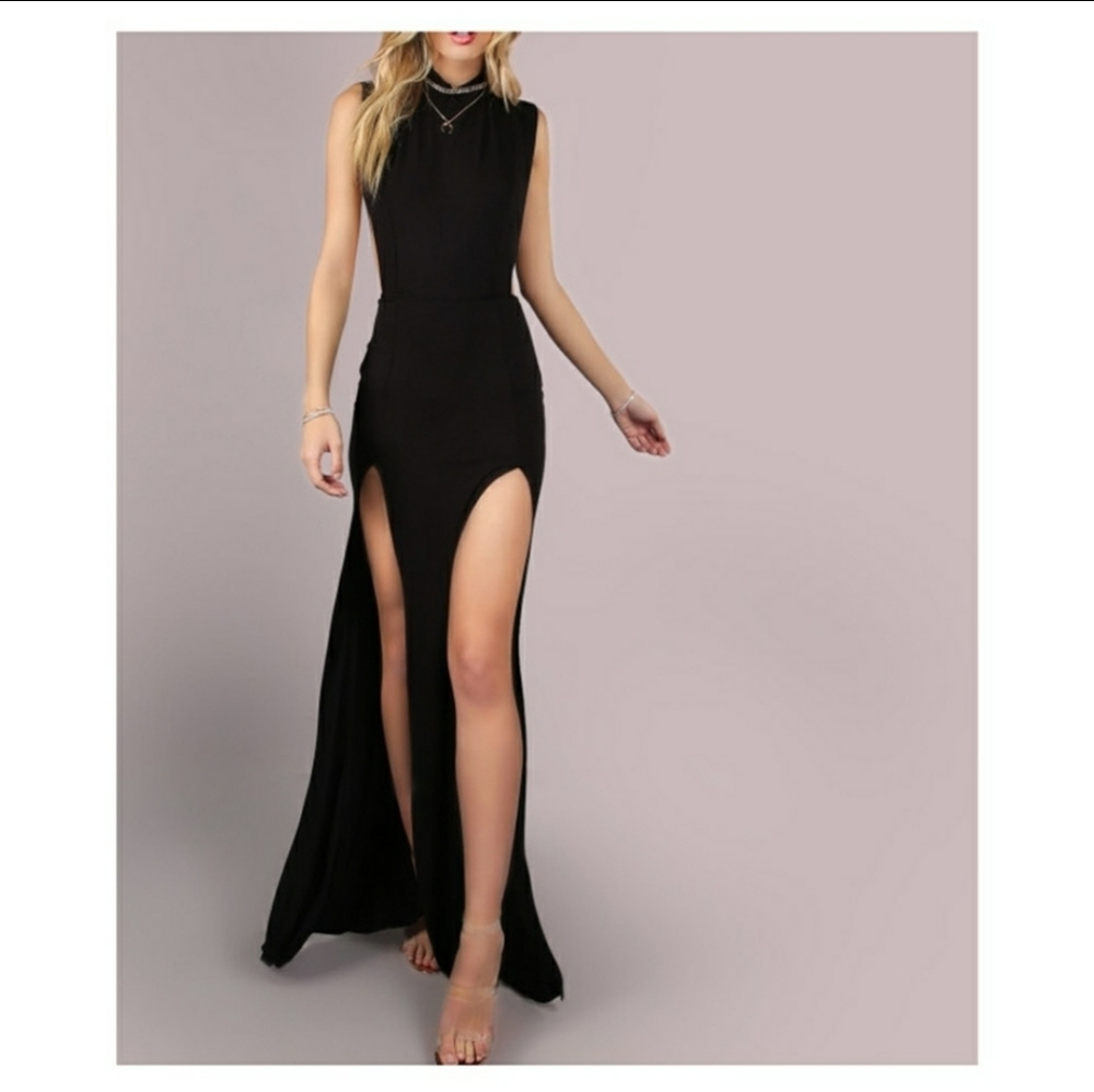 Black Mesh Sides M Slit Maxi Dress